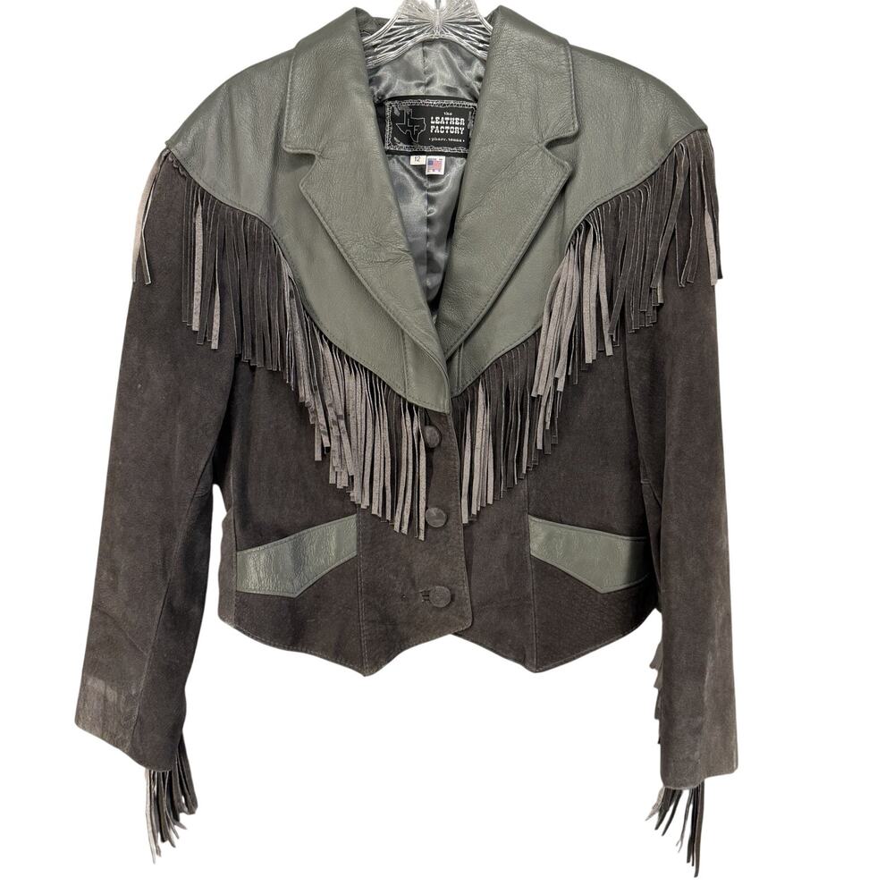 Leather Factory Jacket Womens 12 Gray Suede Leather Fringe Vintage Western